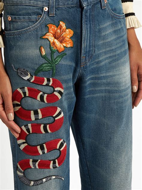 gucci snake jean jacket|Gucci snake embroidered jeans.